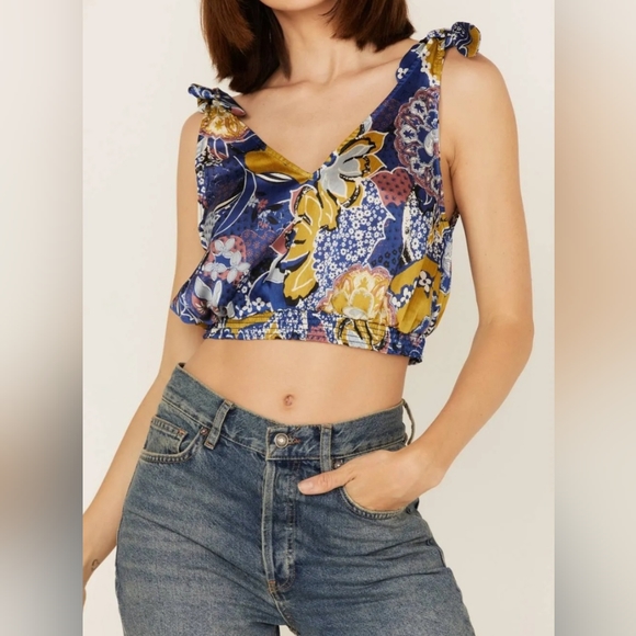 NWT Free People Weekend In Montauk Ocean Floral Combo Crop Top S - Picture 1 of 5